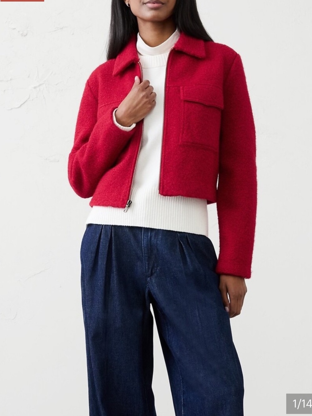 NWOT Banana Republic Women’s Red Chakra Knit Boucle Cropped Zip Jacket - Picture 2 of 5